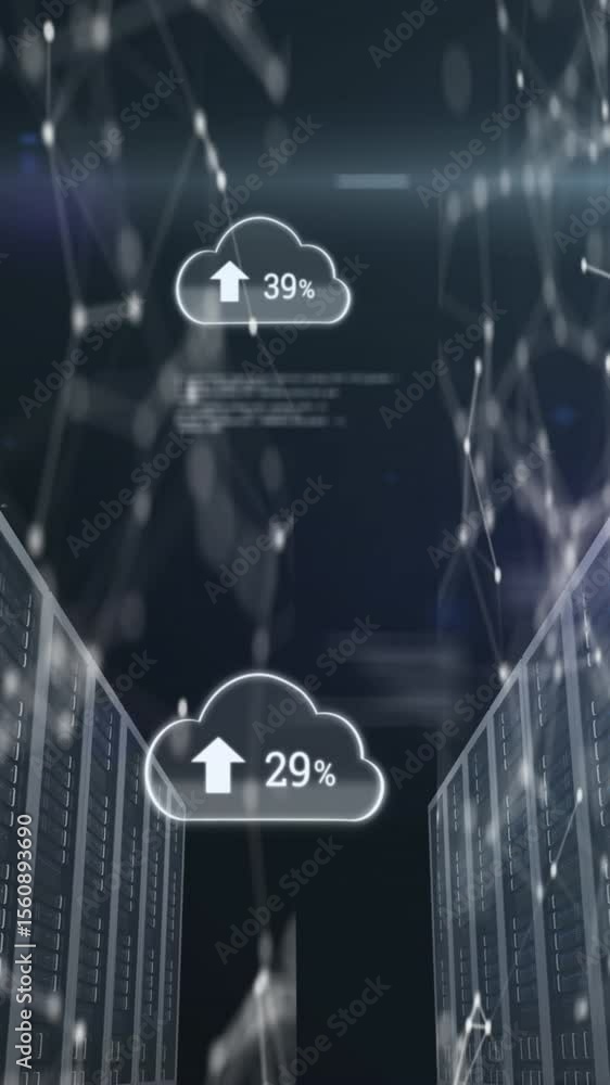 Poster animation of arrow, numbers in cloud, connected dots and computer language over data server racks