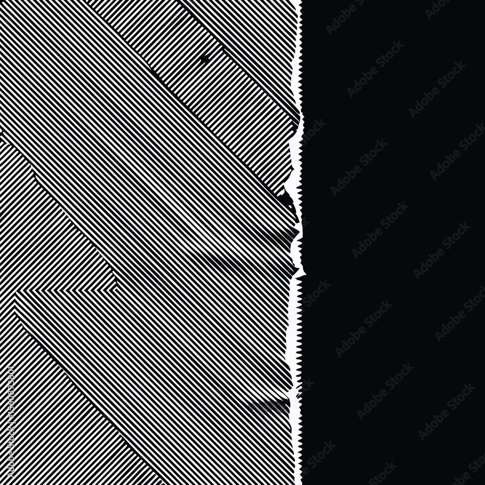 Poster abstract geometric pattern with diagonal lines and ripped edge in black and white