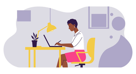 a person sitting at a yellow desk, working on a laptop with a potted plant and a lamp on the desk. Suitable for landing page, banner, marketing, web design, presentation, infographic, etc.