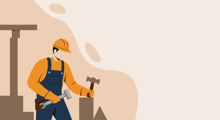An illustration of a construction worker in overalls and a hard hat hammering a wooden post with a hammer, perfect for a business presentation or web design.