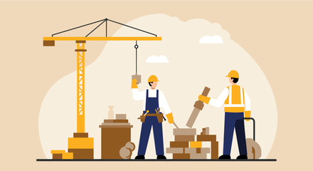 A vibrant flat design illustration showcasing construction workers collaborating on a project with a crane, suitable for a website landing page or marketing banner.