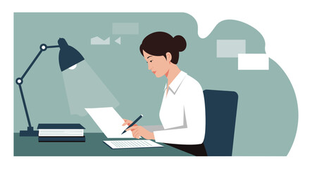 a woman seated at a desk, focused on writing on a piece of paper, with a lamp illuminating her workspace. Suitable for landing page, banner, marketing, web design, presentation, infographic, etc.