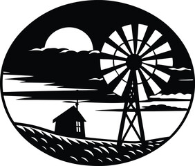 Windmill at Sunset Horizon, Rural Windmill Silhouette