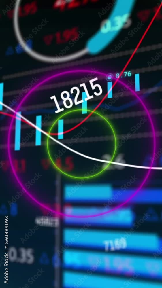 Poster animation of circular neon shapes in seamless pattern over statistical, stock market data processing