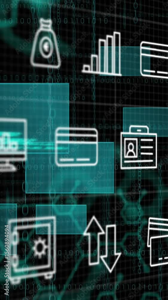 Poster animation of multiple icons, hexagons, computer language and rectangles over black background