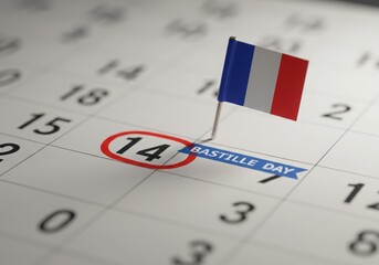 A small french flag marks july 14th on a calendar, indicating bastille day