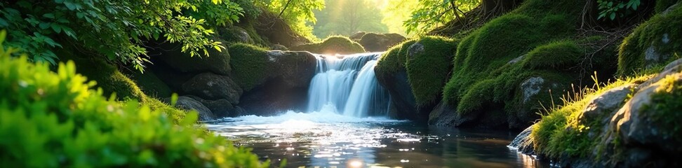 Fototapeta premium Serene Spring Cascade Sunlight Dapples Mossy Rocks in a Lush Green Forest, Creating a Magical, Tranquil Landscape Perfect for Nature, Travel, and Wellness Themes.