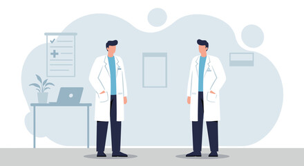 Two male doctors in white lab coats stand in a modern medical office, depicted in a clean flat design illustration style.