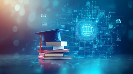 A graduation cap atop a stack of books, with a digital education-themed background with bokeh effect. This image is perfect for showcasing educational concepts.