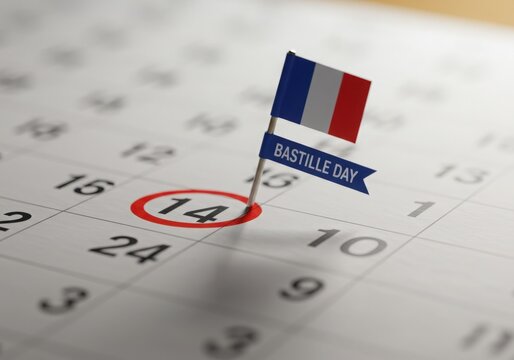A small french flag marks july 14th on a calendar, indicating bastille day