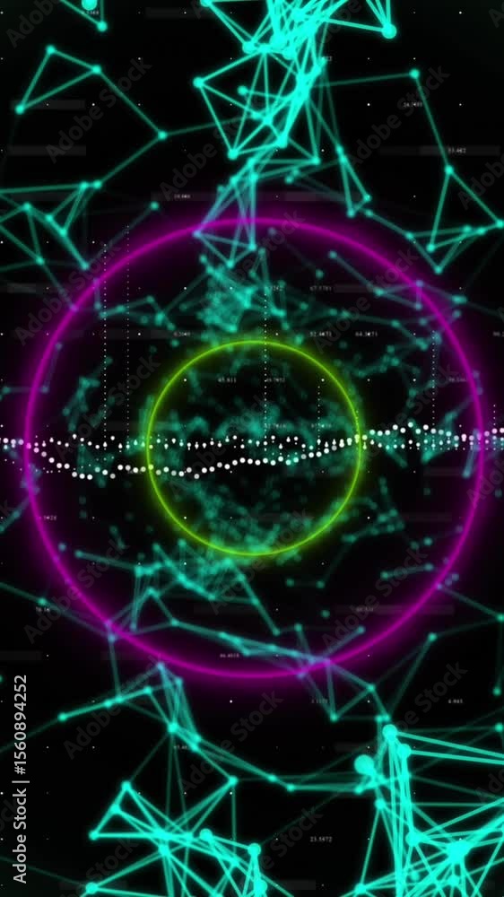 Poster animation of circular neon shapes in seamless pattern against network of connections