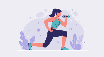 A vibrant flat design illustration showcasing a determined woman doing lunges with a dumbbell, ideal for a fitness landing page or marketing banner.