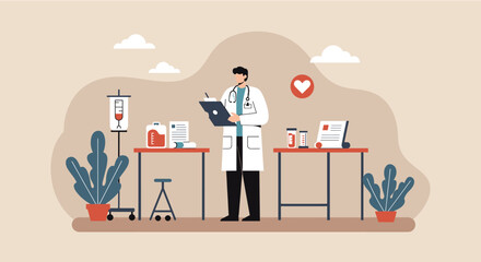 A medical professional, in a flat design style, is seen reviewing patient records and medical supplies within a clinic setting, indicative of healthcare and medical practices.