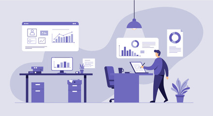 a modern office space with a man at a desk, surrounded by various digital displays and office equipment. Suitable for landing page, banner, marketing, web design, presentation, infographic, etc.