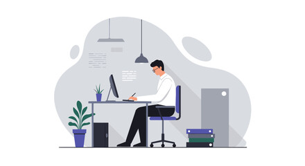 A focused professional, engrossed in web design, meticulously works on a marketing banner at his desk, utilizing flat design principles in a modern office environment.