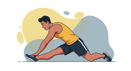 A fit man in sportswear is stretching his legs in a flat design illustration, perfect for fitness and wellness presentations, and web design projects.