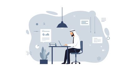 a man sitting at a desk, working on a laptop, with various abstract shapes and symbols surrounding him. Suitable for landing page, banner, marketing, web design, presentation, infographic, etc.