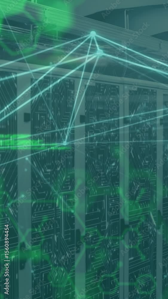 Poster Animation of heart rate monitor, network of connections and data processing against server room