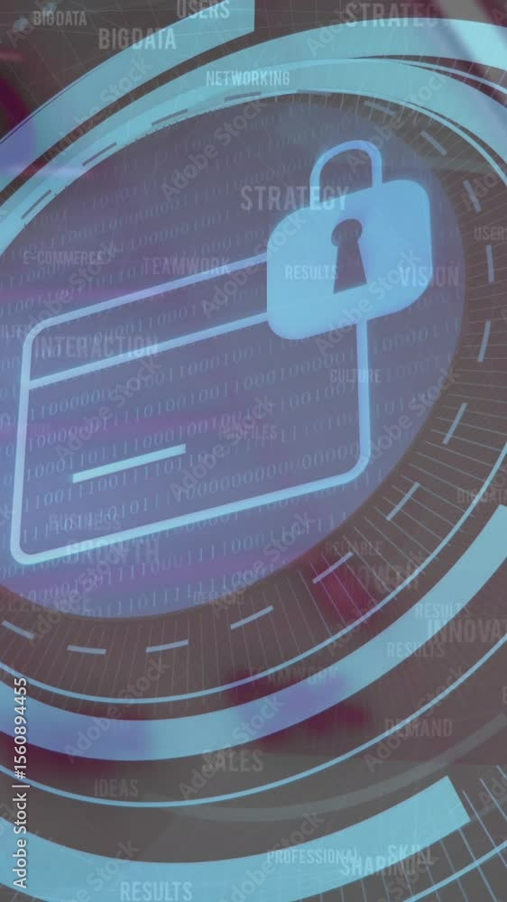 Poster animation of security padlock icon over round scanner against statistical data processing
