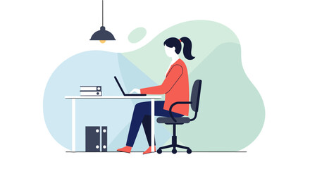 a woman sitting at a desk, working on a laptop, with a lamp hanging above her and a stack of books beside her. Suitable for landing page, banner, marketing, web design, presentation, infographic, etc.