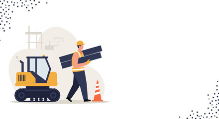 An illustration depicts a construction worker carrying steel beams near a yellow excavator and a traffic cone, perfect for a presentation or web design project.
