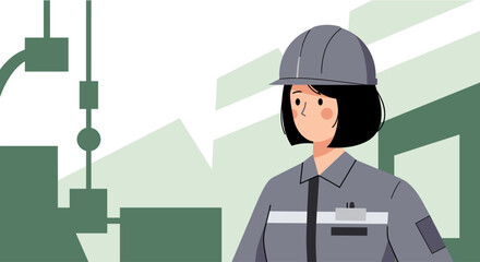 a woman wearing a hard hat, standing in front of a backdrop with geometric shapes and a green color scheme. Suitable for landing page, banner, marketing, web design, presentation, infographic, etc.