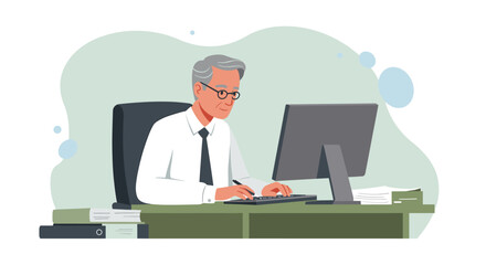 a man in a white shirt and glasses seated at a desk, working on a computer with a keyboard and mouse. Suitable for landing page, banner, marketing, web design, presentation, infographic, etc.