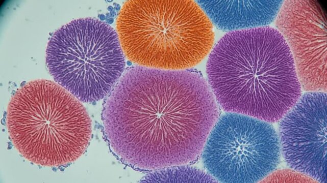 Microscopic view of colorful liver cells with radial patterns in orange purple and blue hues seen closely
