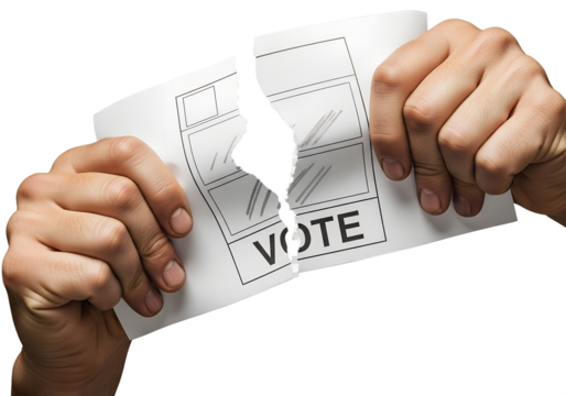 Hands tearing election ballot paper in protest, voting boycott, political dissent, democratic resistance concept