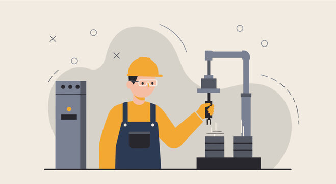 A skilled worker in a yellow hard hat operates machinery in a factory setting, demonstrating industrial processes with a flat design illustration.