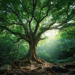 Obraz premium Majestic old tree with wide roots and lush green foliage in a peaceful forest lit by gentle sunlight rays