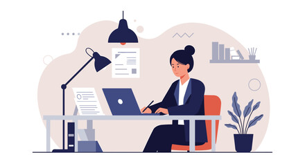 Businesswoman working at a modern desk with laptop, lamp, and documents, illustrating productivity and office environment.