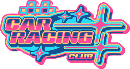 Auto track race competition retro Y2K icon or badge. Formula 1 championship Y2K vector sign, speed racing competition symbol. Drag race motorsport icon with vibrant neon colors typography text