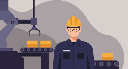 A flat design illustration showcasing a factory worker overseeing a conveyor belt system with robotic arms, perfect for a technology or industry-themed landing page.