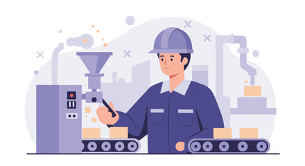 Factory worker in a hard hat operates modern machinery on an assembly line, showcasing industrial production and manufacturing processes.