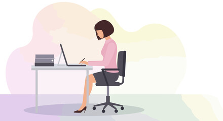 A female professional is diligently working on her laptop at a clean desk, depicted in a modern flat design illustration suitable for business and web development projects.
