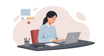 A young businesswoman is working on her laptop at her desk, creating a marketing presentation with flat design style for a landing page banner.