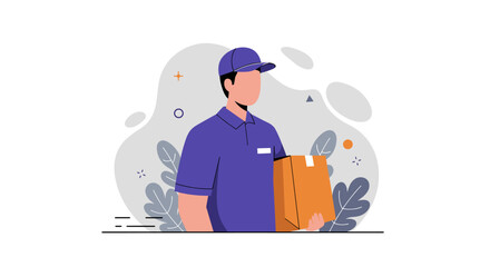 A flat design illustration depicts a delivery person in uniform holding a package, suitable for marketing materials, banners, and web design projects promoting online shopping.