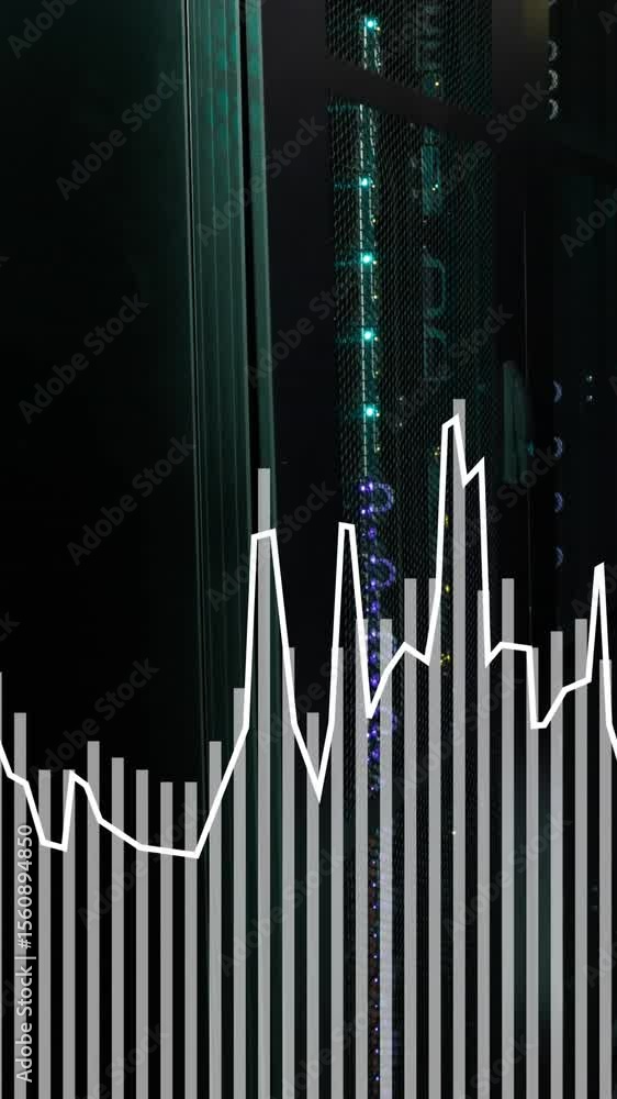 Poster animation of statistical data processing against computer server room