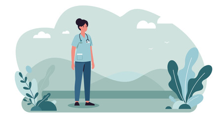 a woman in a blue medical uniform standing outdoors with mountains in the background and clouds above. Suitable for landing page, banner, marketing, web design, presentation, infographic, etc.