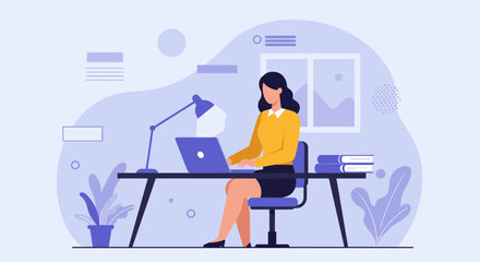 Flat design illustration of a woman working on her laptop at her desk, ideal for landing page banners, marketing presentations, and web design projects.