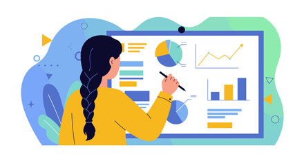 A woman meticulously analyzes a presentation board filled with charts and graphs, illustrating data analysis and marketing strategies in a modern, flat design environment.