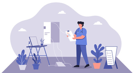 A male nurse reviews patient data on a clipboard next to advanced medical equipment within a modern clinic, depicted in a clean flat design illustration.