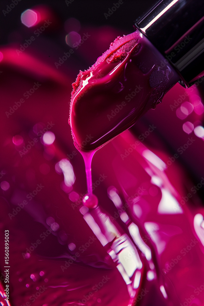 Poster close-up of vibrant magenta liquid dripping from an applicator, creating abstract patterns. a mesmer