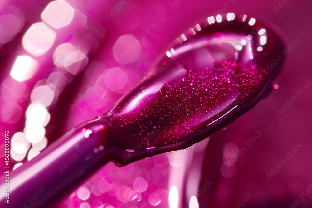 Poster macro photo showcases a shimmering applicator dipped in vibrant, fuchsia fluid, enhanced by a bokeh 