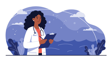a female doctor in a white coat, holding a clipboard, standing against a backdrop of a cloudy sky and plants. Suitable for landing page, banner, marketing, web design, presentation, infographic, etc.