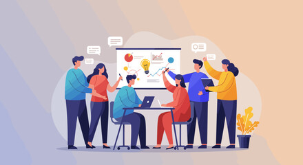 A diverse team collaborates on a marketing presentation, utilizing web design elements and infographic data to strategize a successful landing page campaign with a flat design style.