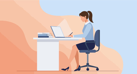 A woman is seated at a desk, working on a laptop with a pen in her hand, surrounded by books and a chair. Suitable for landing page, banner, marketing, web design, presentation, infographic, etc.