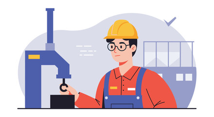 An illustration depicts a factory worker in a yellow hard hat operating machinery, showcasing industrial processes and manufacturing within a modern facility, using a flat design style for web and