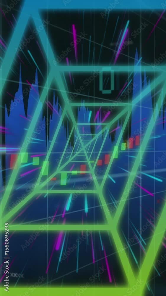 Poster animation of neon tunnel, light trails in seamless pattern and data processing on black background